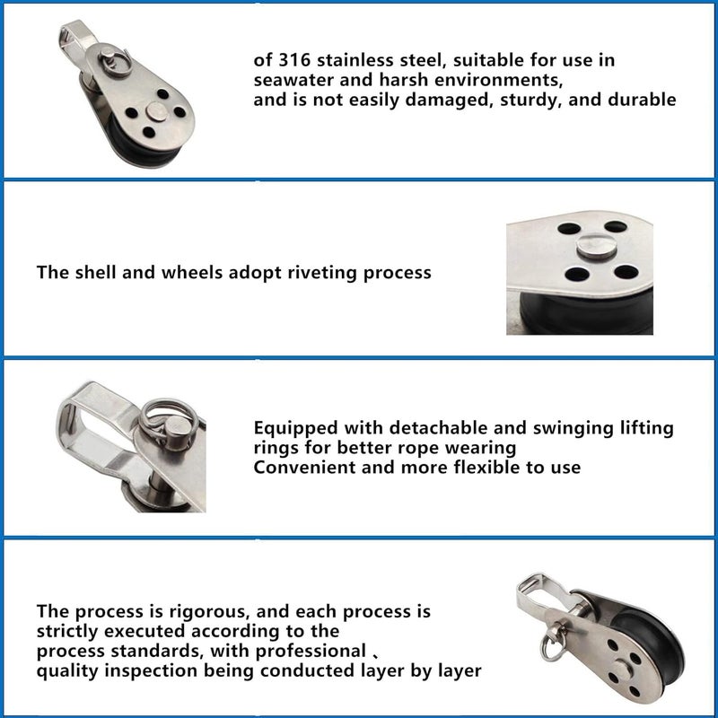 RUIFUU 4Pcs Stainless Steel Pulley,Kayak Pulley Nylon Marine Pulley Block Rope Runner Single Pulley Bearing Block Rope Runner for Most 0.08"/2mm to 0.32"/8mm Diameter Ropes - Image 4